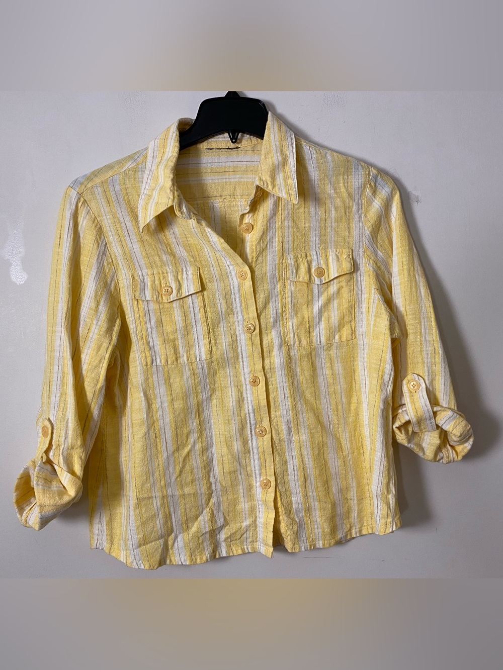 Linen Cotton blend Striped Yellow Button-Front Shirt